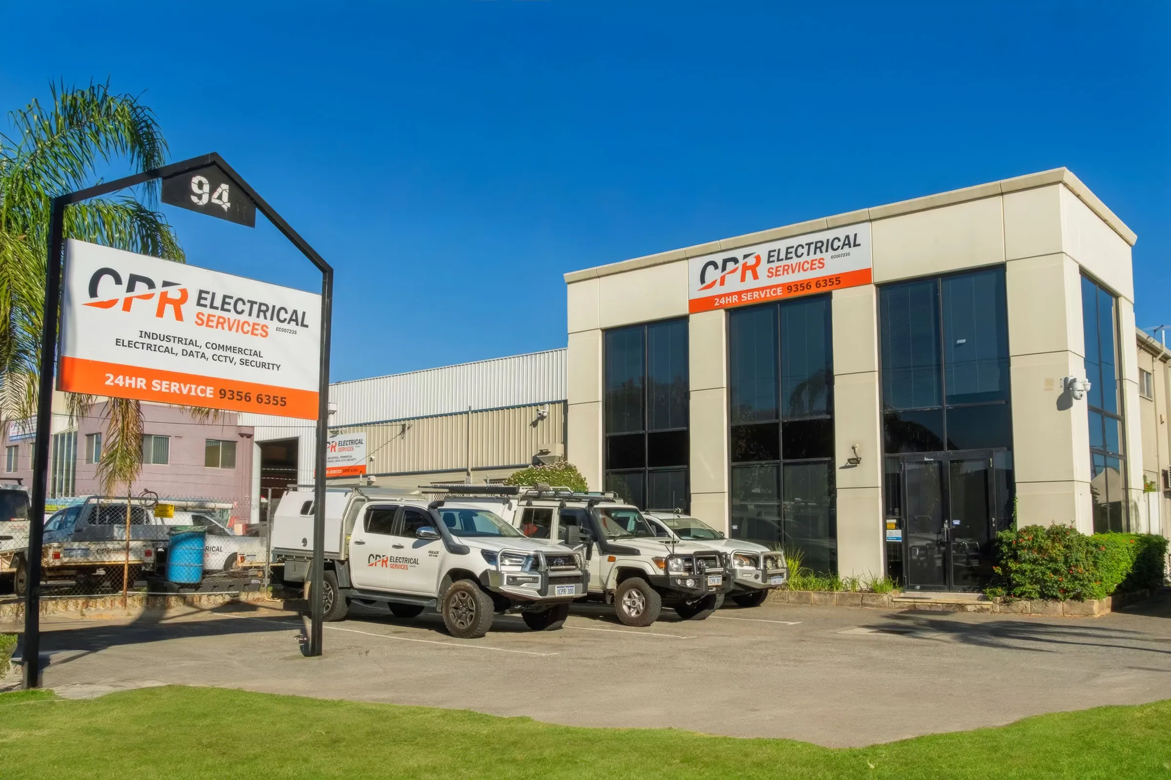 CPR Electrical Services office and workshop in Welshpool with branded service utes parked out front